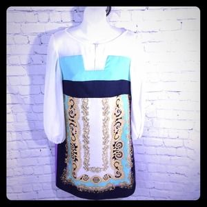 DM donna morgan designer luxury summer mini dress light long sleeve 4 EUC